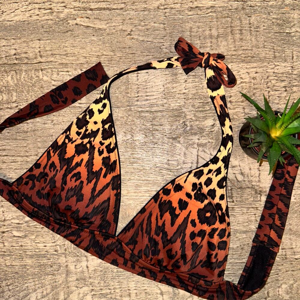 Gottex Leopard Bikini Halter Top Sz10 Animal Print‎ Mob Wife Swimwear Y2K Resort